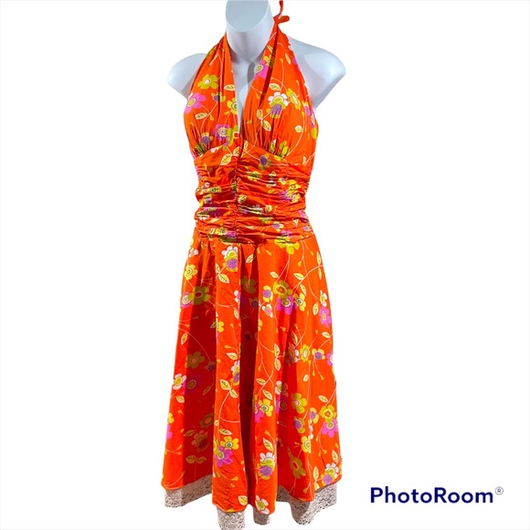 Philip DiCaprio Orange Floral Halter Swing Dress 12 - Picture 1 of 9